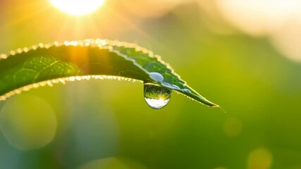 Close up of leaf with water droplet illuminated by sunlight - Powered by Adobe
