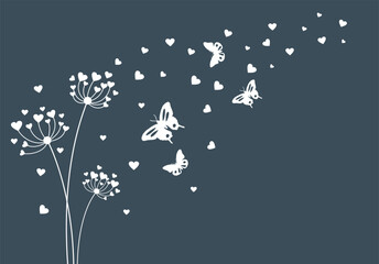 Dandelion with flying butterflies and seeds, vector illustration