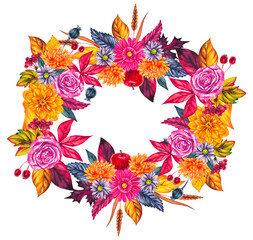 Autumn Watercolor Wreath with Leaves, Flowers, Pumpkins and Mushrooms and Berries. Perfect for DIY projects, cards, invitations, posters, scrapbooking, branding and packaging