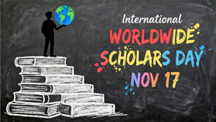 Book Ladder, Earth and Student Silhouettes, Global Scholars Day, Knowledge Exploration and Academic Exchange Concepts, suitable for academic activity scenarios.
