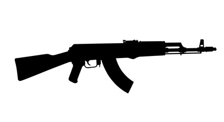 Silhouette of a firearm with a curved magazine against a white backdrop