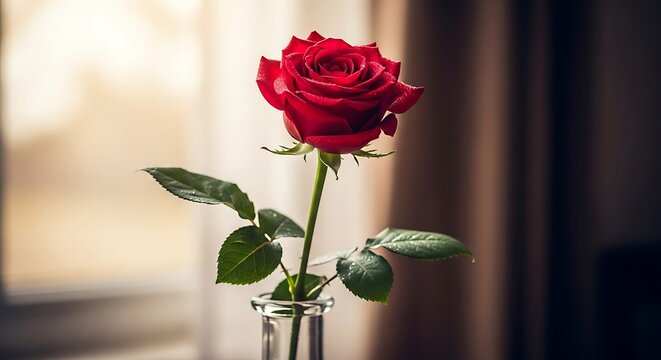A single red rose with water droplets sits in a glass vase