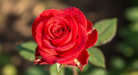 A vibrant red rose with dew drops on its petals set against a blurred background