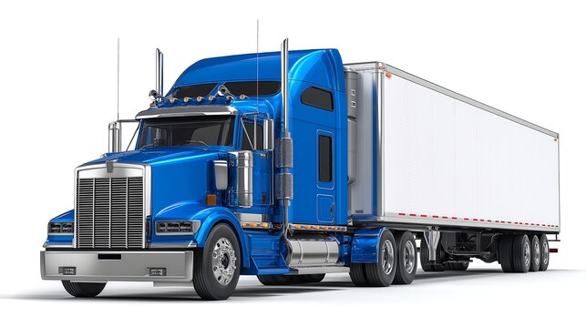 Blue semi truck with white trailer isolated on white background, commercial transportation and cargo