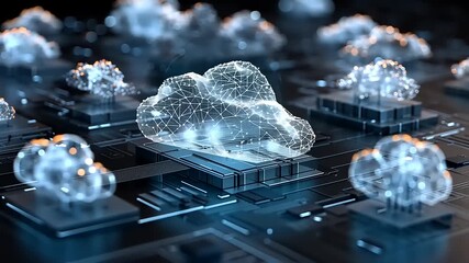 Futuristic digital cloud computing network with interconnected nodes and glowing data clouds - Powered by Adobe