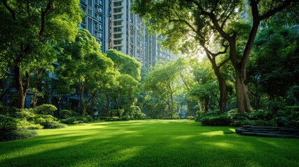 Naklejka premium Lush Urban Park Surrounded by Skyscrapers and Trees with Natural Light Streaming Through Foliage
