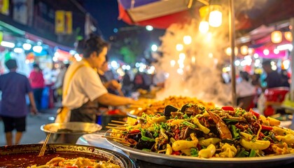 Night market food stall, bustling crowd, seafood stir-fry on display