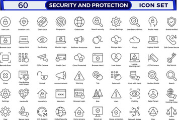 Security & Protection outline icon set. Data protection symbol. Secured network icon collection.Safety, security, protection thin line icons.For website marketing design, logo, app, UI, etc. 
