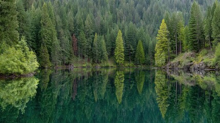 Serene Forested Landscape with Stunning Reflections on Calm Water Surrounded by Lush Green Trees and Nature's Tranquility