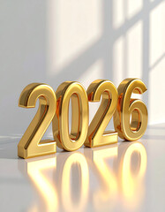 Golden 3D Numbers 2026 Reflecting on Surface.
