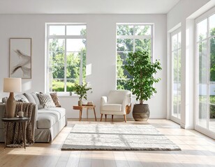 Bright Living Room with Large Windows and Greenery