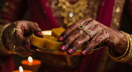 Hands adorned with henna  jewelry holding sweets on a plate Candles below