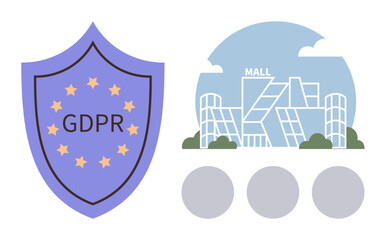 GDPR shield with stars next to a contemporary mall building. Ideal for data protection, privacy compliance, retail security, legal topics, digital safety, regulations, consumer trust. A simple flat