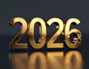 Golden 3D Numbers 2026 Reflecting on Surface.