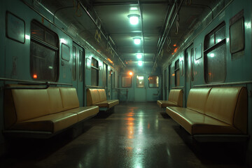 Dim abandoned subway car interior with slick floor reflections and cinematic moody lighting