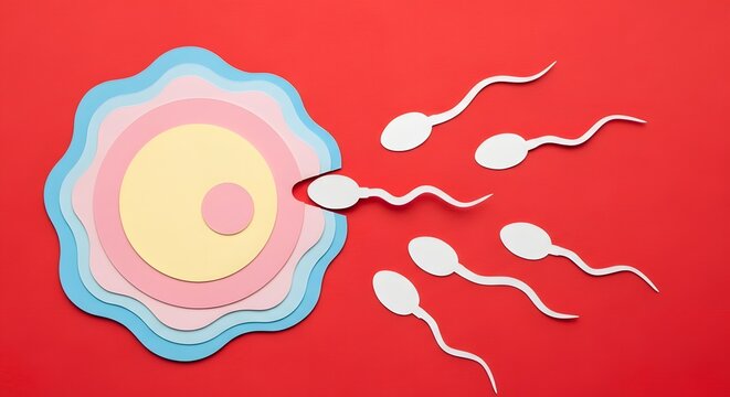 sperm cells approaching an ovum, symbolizing fertilization and conception, against a vibrant red background