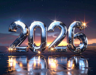 Shiny chrome 2026 numbers reflecting on wet surface with sunset sky.