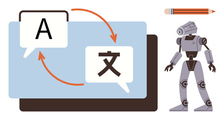 Robot beside speech bubbles with multilingual symbols, text arrows, tablet, and pencil. Ideal for artificial intelligence, language learning, technology, automation, communication education simple