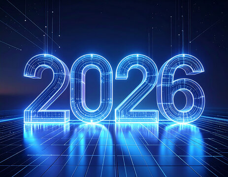 Futuristic Neon Blue 2026 Text Glowing on Digital Circuit Board Background.