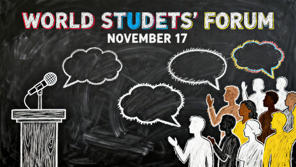 Blackboards, microphones, and diverse student images, as well as the concepts of World Student Forum, global student exchange, and ideological collision, are suitable for academic forum scenarios.
