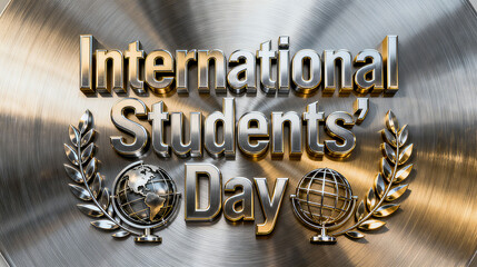 Metallic texture text, globe, and laurel branches, International Student Day, global academic honors, and student solidarity concepts, suitable for celebration and commendation scenes.

