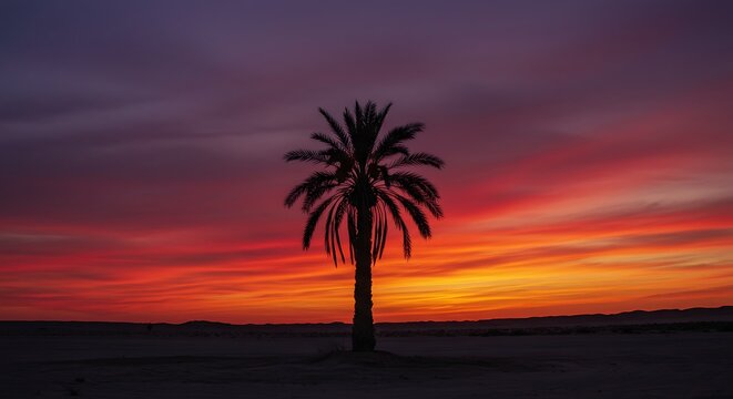 Silhouette of a palm tree against vibrant sunset sky with dramatic colors
