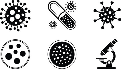 Microbiology science icons set with virus, capsule, petri dish, microscope for medical research, infection control, and pharmaceutical design
