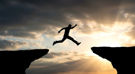 Silhouette of a person jumping over a chasm against dramatic sky