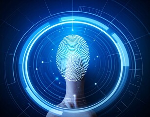 Biometric authentication with a finger scanning a glowing digital fingerprint on a futuristic circular interface.