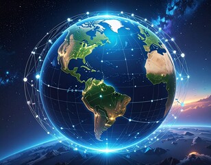 Fototapeta premium A luminous globe of Earth, with continents illuminated by city lights, is encircled by a glowing network of interconnected nodes and lines against a cosmic b...