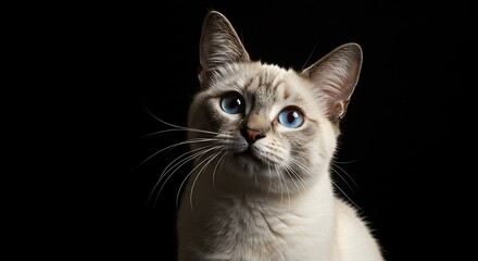 Fototapeta premium Elegant cat portrait with striking blue eyes against a dark background