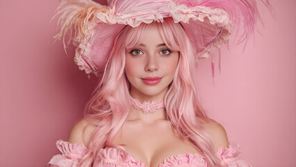 A charming portrait of a doll-like woman with pink hair wearing a vintage rococo gown and hat.