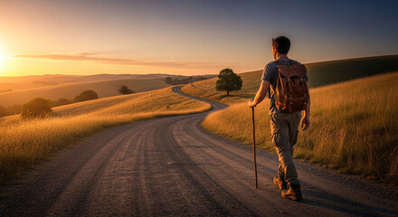 A solitary hiker with a backpack walking along a winding dirt road through golden hills at sunset, capturing the essence of adventure and exploration