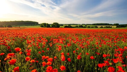 Lush poppy field under a partly cloudy sky