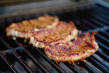 Close up of meat steaks with grill marks grilling on barbecue over hot charcoal briquettes. Concept of outdoor cooking and summer picnic