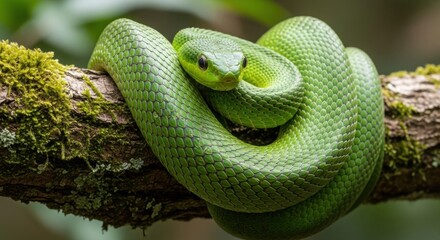 Green snake coiled on mossy branch in rainforest closeup
