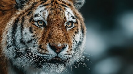 Fototapeta premium Tiger head shot close up showing fur stripes and eyes in natural light.