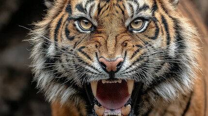 Naklejka premium Close up of a tiger face showing teeth with a blurred background.