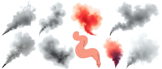 Illustration with smoke clouds and a cartoon intestine