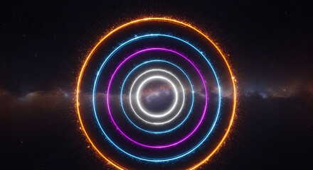 Obraz premium Abstract neon circles glowing in a dark space, creating a futuristic and mesmerizing effect for backgrounds and visual displays