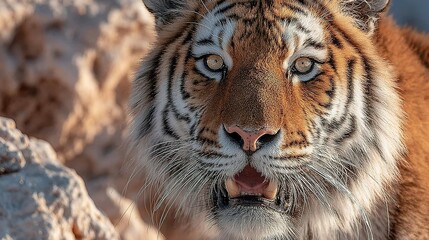 Fototapeta premium Tiger close-up with open mouth showing teeth in a rocky environment.