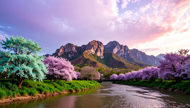 Colorful mountain vista, cherry blossoms, river