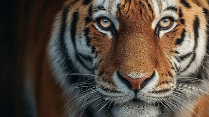 Close-up of a tiger face showing its eyes nose and fur.