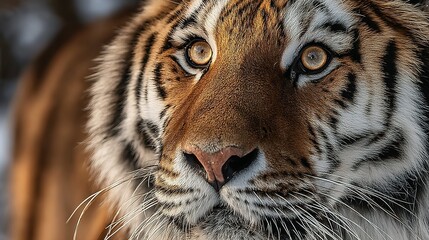 Close-up of a tiger's face with striking eyes and orange and white fur.