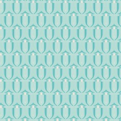Seamless geometric pattern featuring repeating shield-like or arrow-like shapes in various shades of pastel teal and subtle pink accents