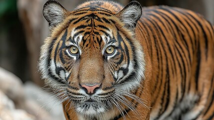 Fototapeta premium Tiger portrait close up showing face and stripes in natural outdoor setting.
