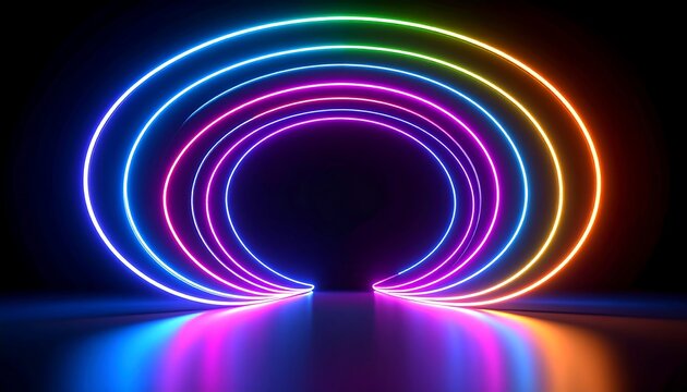 Colorful neon rings on dark stage