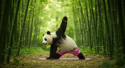 Panda practicing yoga pose in a bamboo forest environment serene nature scene