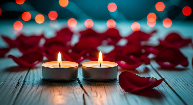 Two lit tea light candles surrounded by red rose petals and bokeh lights flame fire