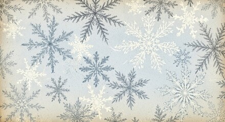 Vintage snowflake pattern on blue textured paper, winter background